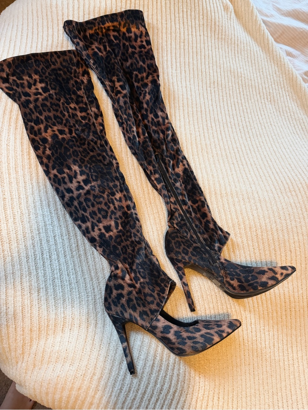 Anne Michelle Leopard Over-The-Knee Stiletto Boots - Brown/Black